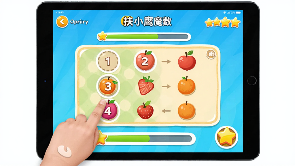 画面主体为平板电脑屏幕上显示扶小鹰魔数APP的互动界面,有拖动数字匹配水果数量的小游戏,界面色彩明亮,操作提示清晰,布局左右均衡,风格为清新卡通UI设计,细节包括进度条和奖励星星,画质高清,无多余元素