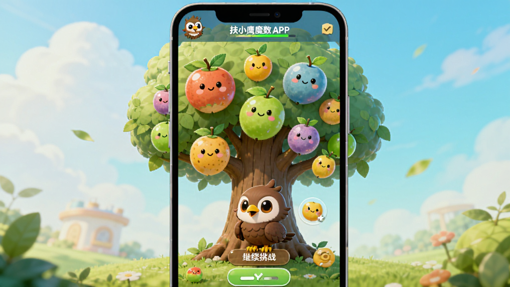 画面主体为扶小鹰魔数APP的成长树界面,树上挂满不同颜色的果实代表孩子已掌握的知识点,旁边有“继续挑战”按钮,布局为竖向滚动设计,风格温馨可爱,细节包括小鹰吉祥物和进度百分比,画质干净明亮