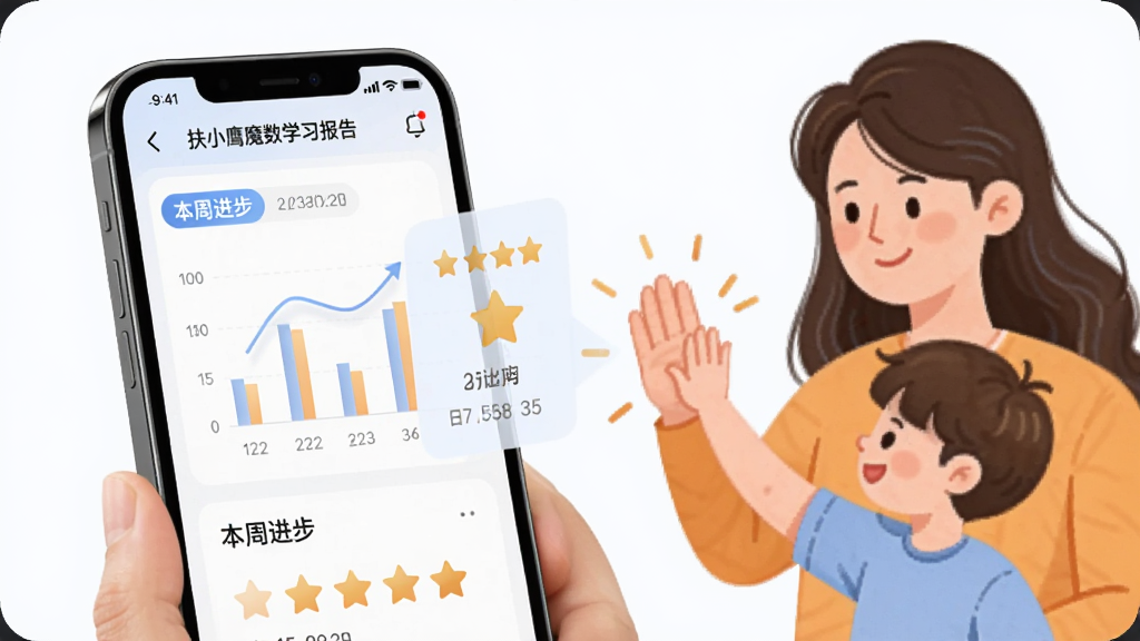 画面主体为家长手机端查看扶小鹰魔数学习报告的场景,手机屏幕外放显示统计图表和星级评价,旁边有家长和孩子击掌的温馨插图,布局上下分层,风格简洁现代,细节有日期和“本周进步”标签,画质高清,无多余元素