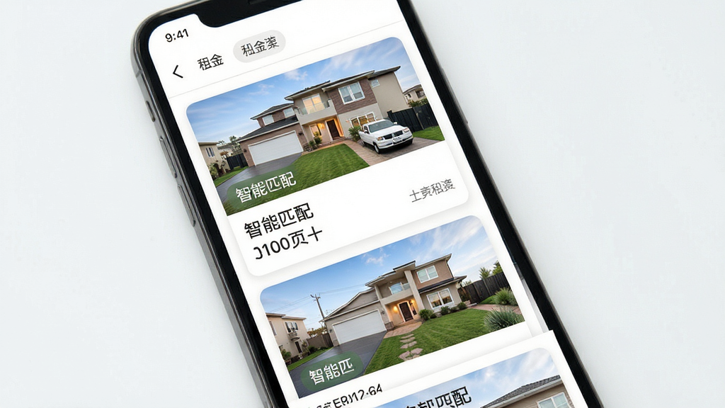 画面主体为手机端房源列表页面,展示多张房屋实拍图与租金信息,布局采用卡片式设计,风格清爽专业,细节包含“智能匹配”标签,画质高清干净无多余元素