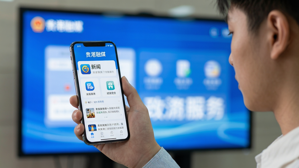 高清数字大屏前,一位年轻用户手持智能手机,屏幕上清晰显示“贵港融媒”APP主界面,界面风格简洁明快,融合新闻资讯、政务服务图标,背景虚化处理突出主体,整体色调以蓝色和白色为主,体现主流媒体权威感,画质细腻,光线自然,干净无多余元素