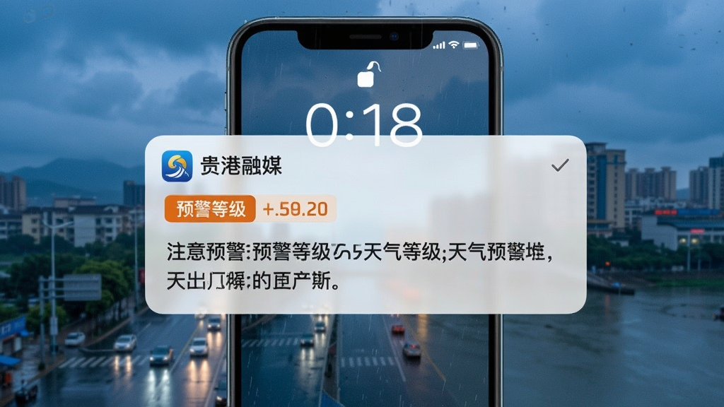 手机锁屏界面显示一条“贵港融媒”推送的天气预警通知,背景为贵港城市雨景,信息卡片上清晰标注预警等级和注意事项,界面简洁直观,视觉风格写实,以蓝色和橙色为主色调,突出紧迫感与实用性,画质高清,细节丰富,干净无多余元素