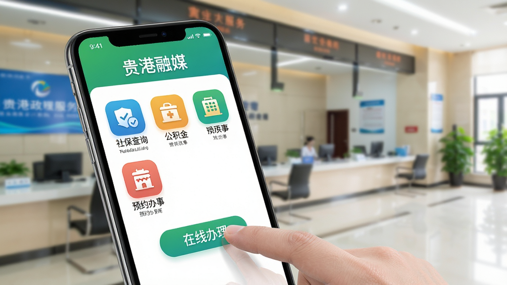 智能手机界面展示“贵港融媒”的政务服务功能,屏幕上排列着社保查询、公积金、预约办事等彩色图标,手指轻触“在线办理”按钮,背景是简洁的政府服务大厅,界面风格清新自然,以绿色和蓝色为主色调,突出便捷高效,画质细腻,光线柔和,干净无多余元素
