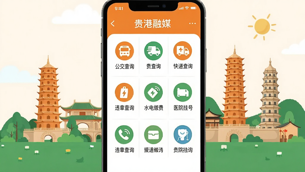 手机屏幕显示“贵港融媒”APP的便民服务页面,以九宫格形式排列公交查询、快递查询、违章查询、水电缴费、医院挂号等图标,背景为贵港市地标建筑群插画,色彩明亮活泼,以橙色和绿色为主色调,扁平化设计风格,画质清晰,排版整齐,干净无多余元素
