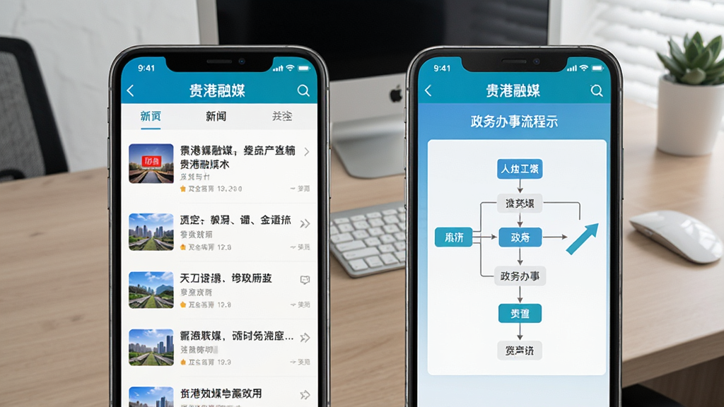 两部智能手机并排展示“贵港融媒”APP的操作界面,左边是新闻列表页,右边是政务办事流程示意图,背景为办公桌面,风格写实,突出多任务处理与效率优化,画质清晰,干净无多余元素
