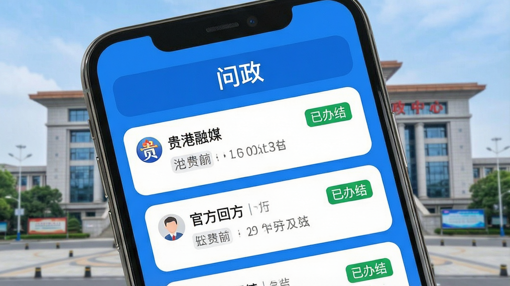 手机界面展示“贵港融媒”的互动问政板块,顶部有“问政”标题栏,下方列表显示市民提问与官方回复,每条内容附有已办结绿色标签,背景为贵港市行政中心大楼,界面风格活泼,以蓝色为主色调,白色卡片背景,圆角设计,突出交流互动氛围,画质细腻,干净无多余元素