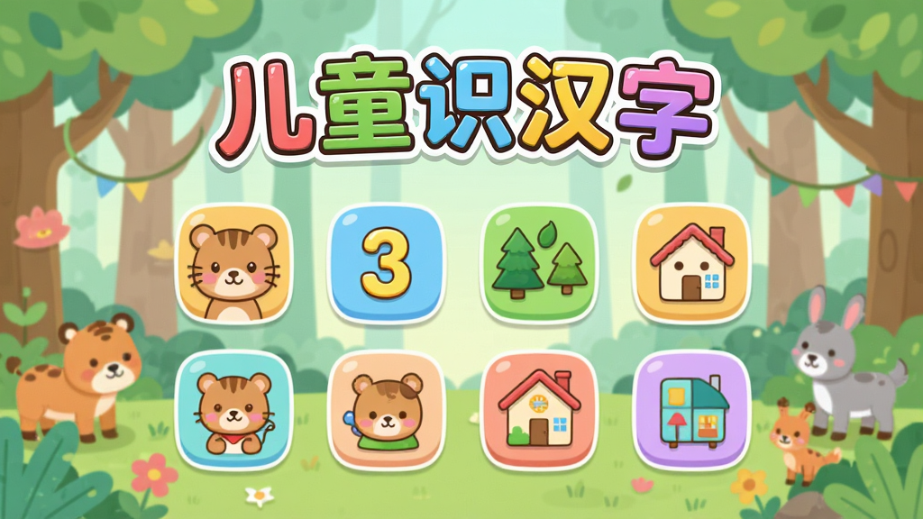画面中央展示一款名为“儿童识汉字”的卡通风格APP主界面,背景是色彩柔和的森林与动物乐园,界面顶部有“儿童识汉字”彩色艺术字标题,下方排列着动物、数字、自然、家居等分类图标,每个图标上配有可爱的卡通形象,整体布局清晰,排版活泼,扁平化插画风格,细节丰富,画质高清,干净无多余元素