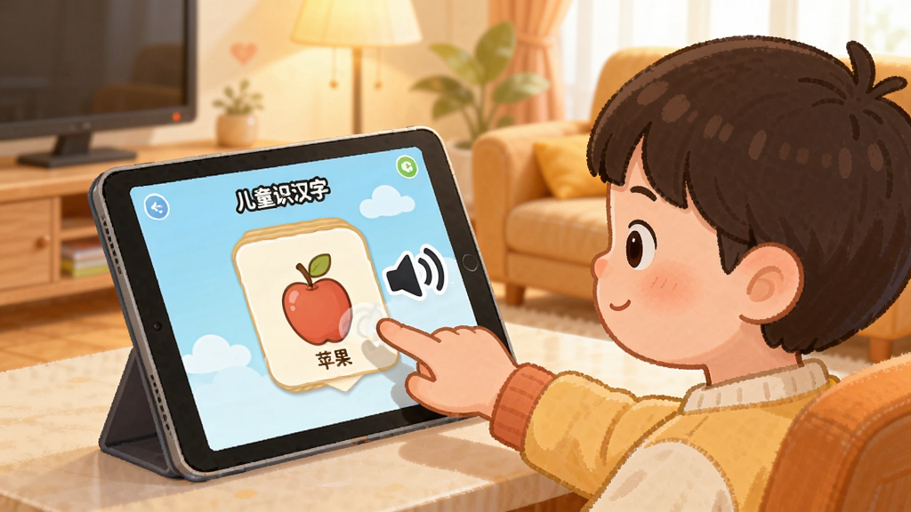 一位家长和孩子共同使用“儿童识汉字”APP,画面中平板电脑屏幕显示一个“苹果”卡片,孩子用手指点击,同时扬声器图标发出声音,背景是温馨的客厅,整体氛围温馨,卡通风格,布局和谐,细节丰富,画质柔和,干净无多余元素