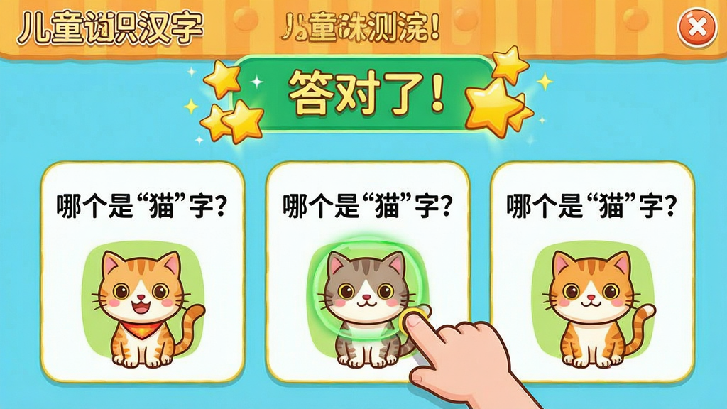 一张“儿童识汉字”趣味测试界面截图,画面展示三道选择题,例如“哪个是‘猫’字?”,选项下方有卡通猫的图案,孩子的小手正在点击正确选项,屏幕上方显示“答对了!”和星星奖励动画,整体色彩鲜艳,卡通风格,布局清晰,细节丰富,画质干净,无多余元素
