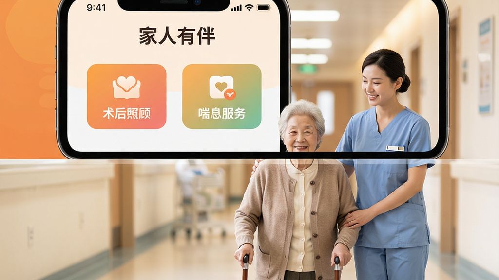 画面主体为一部智能手机屏幕占据视觉中心,屏幕上清晰显示“家人有伴”App主界面,包含“陪诊就医”“术后照顾”“喘息服务”“药食服务”四个彩色功能图标,旁边有一位面带微笑的护工正搀扶一位老人缓步行走在医院走廊,背景柔和虚化。整体布局采用上下结构,上方为手机界面展示,下方为温馨的照护场景,排版简洁明了。风格为现代扁平插画结合写实摄影,色调以暖橙色和米白色为主,传递温暖与信赖感。细节上突出App名称与功能文字,画质高清、干净、无多余元素。