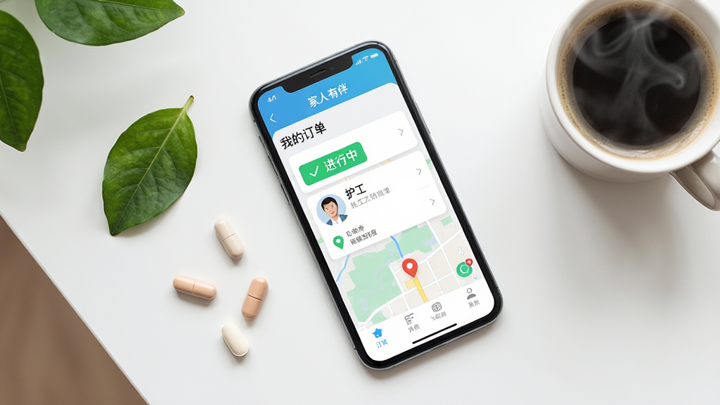画面主体为一部智能手机平放在桌面上,屏幕显示“家人有伴”App的“我的订单”页面,周围散落着几颗药丸和一片绿色植物叶子,桌面上还有一杯冒热气的咖啡。布局采用俯拍视角,桌面整洁有序,风格为清新极简风,色彩明快,亮点是屏幕上的订单状态标记为“进行中”,显示护工头像和位置地图,画质高清、干净、无多余元素。
