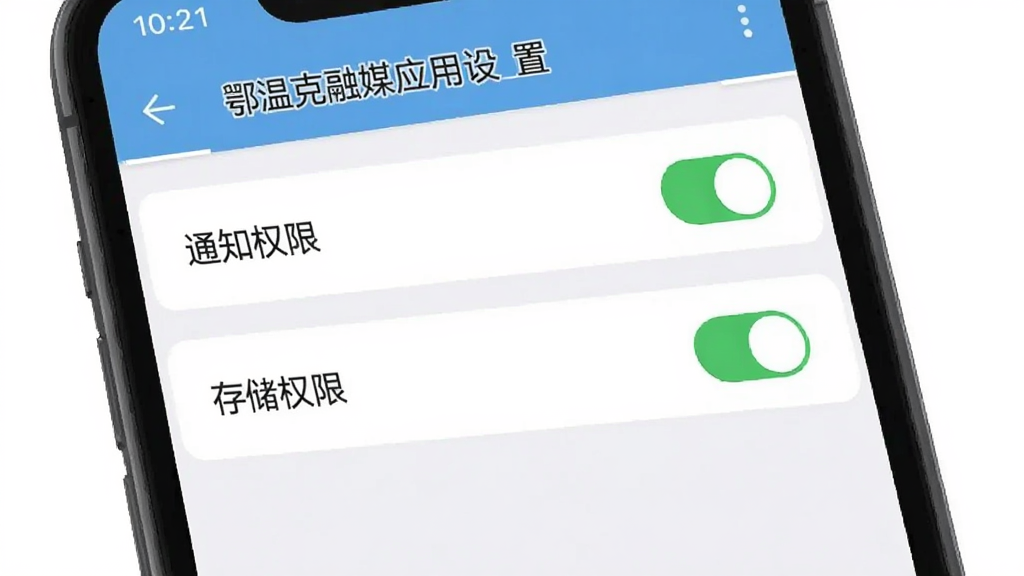 主体:鄂温克融媒应用设置界面,展示权限管理选项。布局:手机屏幕模拟图,设置列表清晰。排版:简洁明了。风格:实用主义。细节:显示“通知权限”、“存储权限”等选项,开关状态明显。画质:干净,无多余元素。