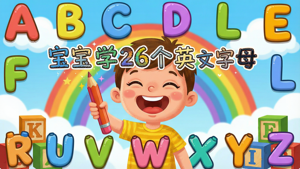 一张色彩明亮、充满童趣的儿童教育软件宣传图,主体是可爱的卡通风格英文字母A到Z环绕着一个开心大笑的小朋友,孩子手中拿着一支魔法铅笔,背景是蓝天白云下的彩虹和字母积木,画面中央有醒目的中文标题