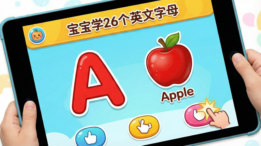 一张儿童平板电脑屏幕特写,屏幕上显示