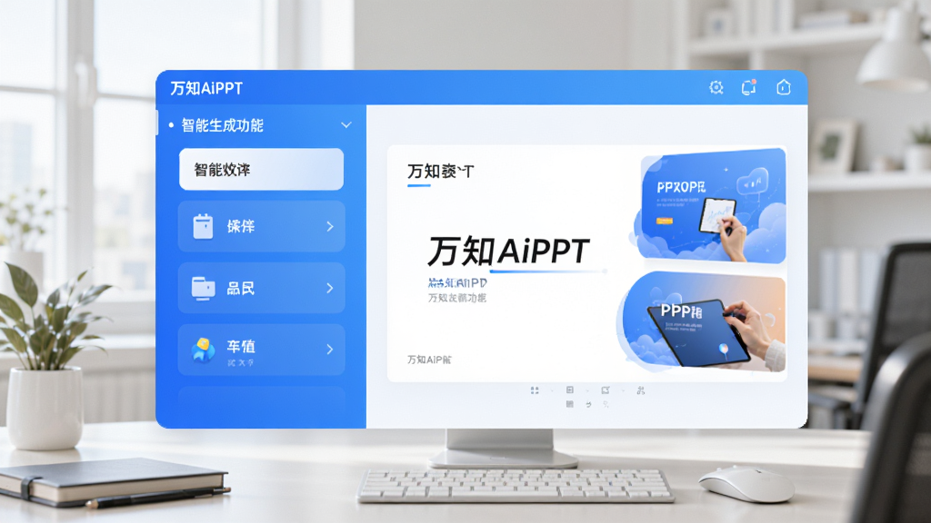 ���廭���У���֪AiPPT�������������������칫���棬�����ʾ�������ɹ����б����Ҳ�Ԥ������PPTģ�壬���������׽���Ϊ��ɫ�������ֱ�ע����֪AiPPT�������ּ���ִ�����ƽ����Ʒ��ϸ�ڷḻ�����ʸɾ��޶���Ԫ��