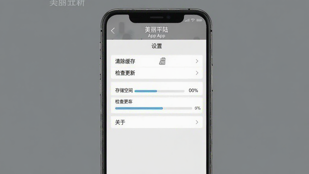 主体是手机屏幕显示“美丽平陆”App的设置页面,有“清除缓存”、“检查更新”、“关于”等选项,背景为纯色。布局为列表式,排版简洁。风格为扁平化设计,颜色以灰色和白色为主。细节有“存储空间”进度条。画质高清,干净,无多余元素。