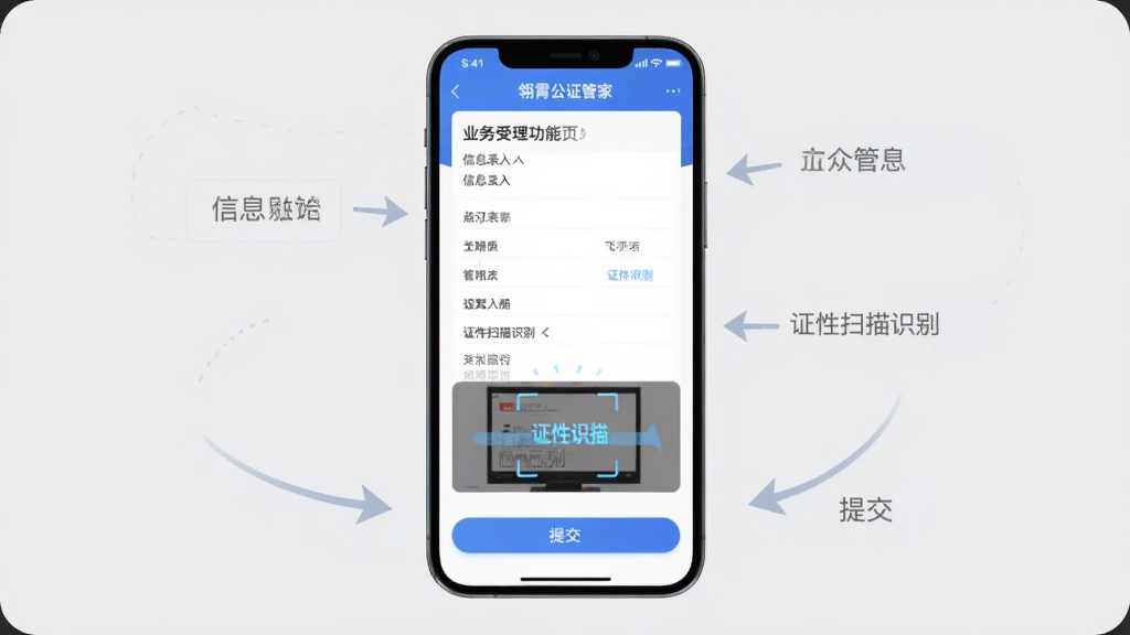 画面主体为“翎霄公证管家”手机应用界面,重点展示业务受理功能页,包含清晰的信息录入表单、证件扫描识别动画以及提交按钮。布局以手机竖屏界面为核心,周围辅以简洁的箭头指示标注,背景为浅灰色调,风格扁平化设计,细节丰富,画质干净,无多余元素
