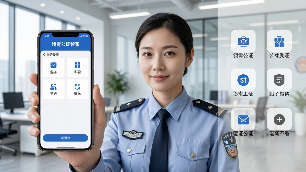 画面主体为一名身穿制服的专业公证人员,正手持智能手机使用“翎霄公证管家”应用,界面清晰显示业务受理与审批功能模块。整体布局采用左右分屏设计,左侧为应用操作界面截图,右侧为简洁的功能图标排列,背景为现代化的办公环境,风格写实且明亮,细节丰富,画质高清干净,无多余元素