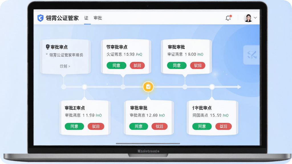 画面主体为“翎霄公证管家”应用中的审批流程界面,以可视化时间轴形式展示多个审批节点,当前节点高亮显示,并配有“同意”“驳回”等按钮。布局采用简洁的卡片式设计,背景为浅蓝色渐变,风格商务且现代,细节清晰,画质干净,无多余元素