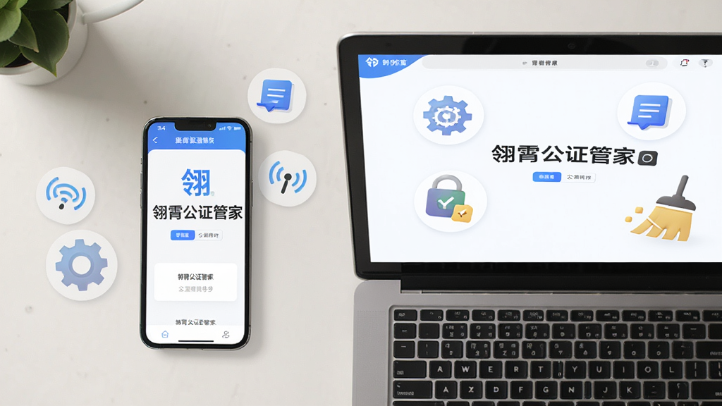 画面主体为智能手机与笔记本电脑并排摆放,屏幕中同时显示“翎霄公证管家”应用界面,周围环绕设置齿轮、网络信号、缓存清理等图标。布局为俯视图,风格简洁明快,背景为浅色桌面,细节清晰,画质干净,无多余元素