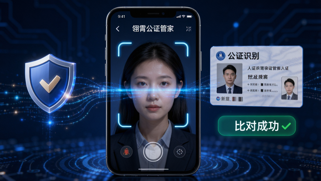 画面主体为“翎霄公证管家”人证识别功能演示,手机屏幕中显示人脸识别框,面部扫描光线特效,旁边有身份证卡片对比图,并显示“比对成功”字样。布局以手机为中心,左右两侧配以安全盾牌图标与数据流线条,背景为深蓝色科技感风格,细节丰富,画质清晰,无多余元素