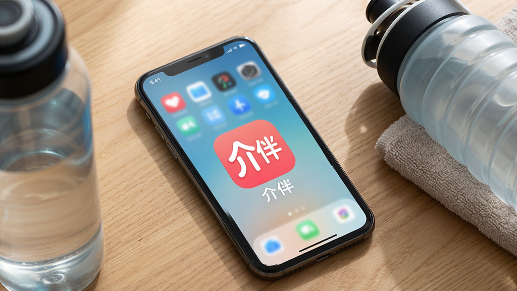 一张展示介伴APP在手机桌面上运行的照片,手机屏幕显示应用图标和主界面,背景为木色桌面,旁边放置着运动水壶和毛巾,画面自然温馨,突出“介伴”图标,整体风格写实,画质清晰,无多余元素