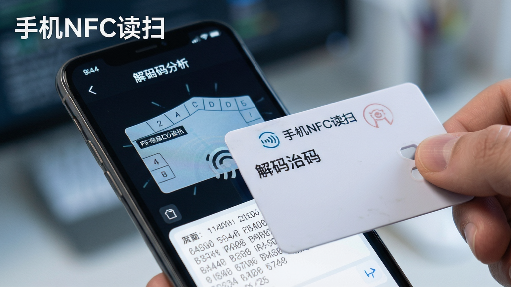 一张特写图片,显示“手机NFC读扫”软件正在对一张白色门禁卡进行解码分析,手机屏幕展示了卡片数据扇区图和十六进制代码,背景虚化处理,主体是手机与卡片的交互瞬间,布局协调,风格科技感十足,画面干净清晰,突出软件名称水印,画质高清,无多余元素