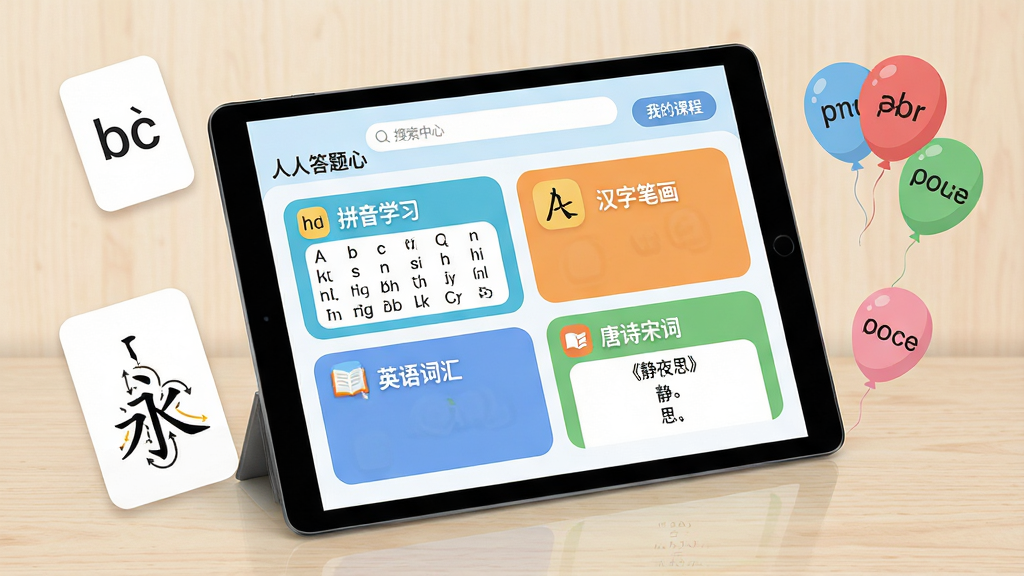主体:平板电脑屏幕展示“人人答题”学习中心界面,屏幕上划分多个彩色模块,分别标注“拼音学习”、“汉字笔画”、“英语词汇”、“唐诗宋词”。布局:平板居中倾斜摆放,屏幕内容朝向观众,四周悬浮着拼音卡片、汉字“永”的笔顺分解图、英文单词气球。排版:模块以圆角矩形网格排列,每个模块有对应的小图标,顶部搜索栏和“我的课程”按钮清晰可见。风格:教育扁平风格,背景为浅色木纹桌面,平板屏幕光线柔和,文字清晰可读。细节:屏幕中“拼音学习”模块显示声母表,“唐诗”模块展示《静夜思》诗句,画质高清,干净无多余元素。