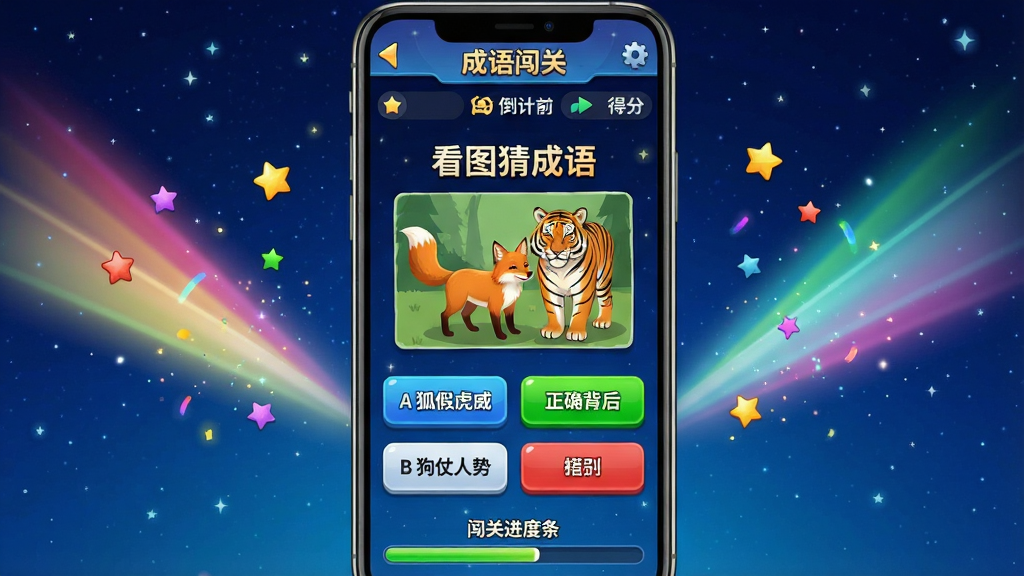 主体:手机竖屏界面展示“人人答题”答题挑战页面,屏幕中央显示一道“看图猜成语”题目,图片为“一只狐狸站在老虎背后”,下方有四个选项按钮。布局:手机位于画面中央,两侧有彩色光束和星星特效,屏幕上方显示倒计时和得分,底部有“闯关进度条”。排版:题目文字醒目,选项按钮排列整齐,高亮正确选项绿色,错误红色。风格:游戏UI风格,色彩鲜艳,背景为深蓝色星空。细节:屏幕顶部有“成语闯关”字样,按钮上有“A 狐假虎威”、“B 狗仗人势”等文字,画质高清,干净无多余元素。