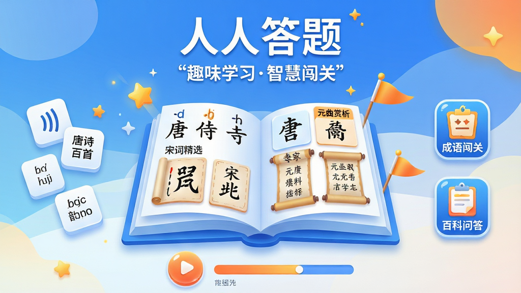 主体:一款名为“人人答题”的教育软件界面展示,主视觉为一本翻开的立体书籍,书页上浮现拼音字母、汉字笔画、成语卡片、唐诗卷轴等元素,周围点缀闪烁的星星和闯关旗帜。布局:居中构图,书籍位于画面中央,左侧浮动声母韵母卡片,右侧展示“成语闯关”和“百科问答”图标,底部有播放按钮和进度条。排版:文字与图标错落有致,主标题“人人答题”置于顶部居中,副标题“趣味学习智慧闯关”用引号标注,整体层次分明。风格:扁平化结合轻微3D质感,色彩明亮活泼,以蓝白为主色调,辅以橙黄渐变点缀,背景为淡雅渐变色。细节:书页上有“唐诗三百首”、“宋词精选”、“元曲赏析”字样,图标带有高光边缘,按钮有圆润倒角,画质高清,干净无多余元素。