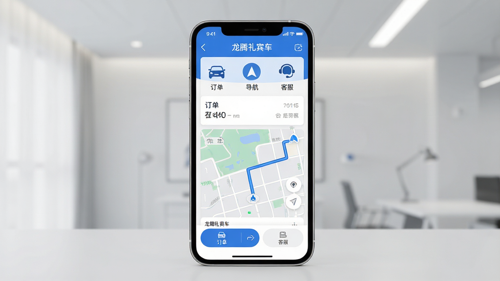 主体:手机屏幕展示“龙腾礼宾车”司机端APP主界面,界面清晰显示订单列表、导航地图和功能按钮。布局:手机居中,屏幕朝前,背景为浅灰色商务环境,有柔和灯光。排版:屏幕内UI元素排列整齐,功能图标下方有中文标签。风格:现代扁平化设计,蓝色与白色为主色调,简洁专业。细节:屏幕中可以看到“订单”、“导航”、“客服”等字样,地图路线清晰可见。画质:高清渲染,干净,无多余元素。