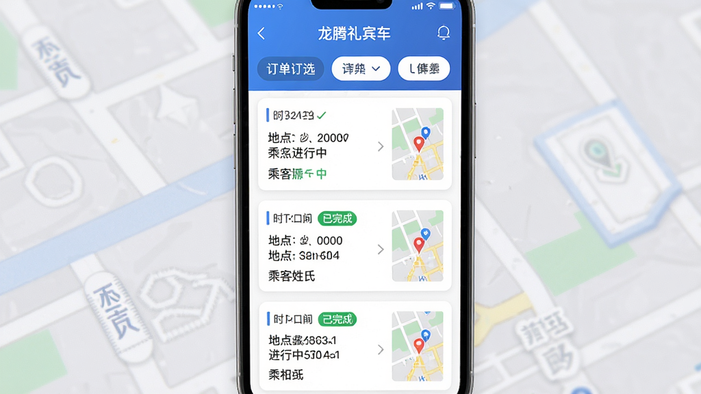 主体:“龙腾礼宾车”APP的订单列表界面。布局:手机竖屏展示,列表从上到下排列多个订单卡片,每张卡片显示时间、地点和乘客姓氏。排版:卡片式布局,间距均匀,顶部有筛选标签。风格:清爽商务风,蓝白配色,界面干净。细节:订单卡片上显示“已完成”、“进行中”状态标签,地图缩略图可见。画质:高分辨率,UI细节清晰,无多余元素。