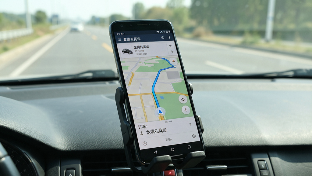 主体:一部安卓手机显示“龙腾礼宾车”APP正在运行,屏幕上有导航地图和订单信息。布局:手机斜放在驾驶室支架上,背景为汽车挡风玻璃和道路。排版:屏幕内容清晰可辨,地图路线延伸。风格:写实摄影风格,自然光。细节:屏幕中可见“龙腾礼宾车”应用图标和导航界面,道路场景开阔。画质:高清,干净,无多余元素。