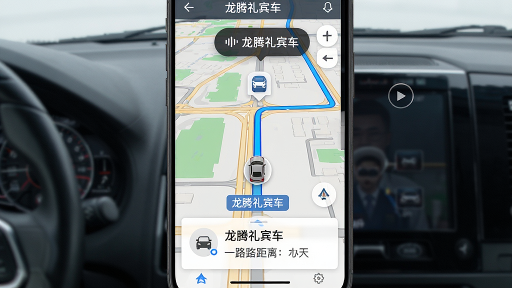 主体:“龙腾礼宾车”司机端正在使用实时导航功能,地图上显示路线和车辆位置图标。布局:手机横屏或竖屏,地图占满屏幕,底部有导航提示卡片。排版:地图元素丰富,道路清晰,提示卡片显示下一路口距离。风格:地图风格写实,界面简洁,蓝色路线高亮。细节:地图上显示“龙腾礼宾车”车辆图标,语音播报悬浮窗可见。画质:高清逼真,无多余元素。
