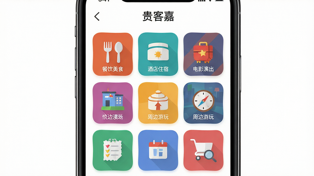 图片主题为“贵客嘉”APP内的本地生活服务分类界面概念图。画面主体以一部智能手机为框架,屏幕内以九宫格形式展示各类服务图标,包括餐饮美食、酒店住宿、电影演出、周边游玩等。布局规整清晰,每个图标采用扁平化设计,色彩鲜艳且区分度高。整体排版仿照真实APP界面,风格现代简约,背景为干净的纯白色,突出屏幕内容。细节上需绘制出每个图标的独有特征,画质要求高清,整体观感清爽、专业,无多余元素。