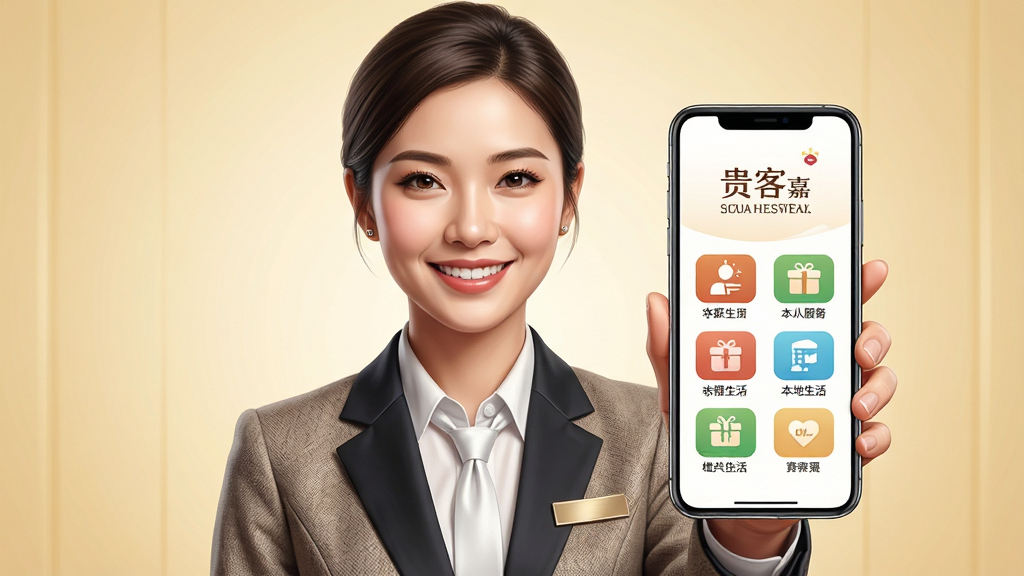 画面主体为一位面带微笑、身着职业装的年轻女性管家形象,她正双手递出一部亮屏的智能手机,手机屏幕上清晰显示着“贵客嘉”的LOGO和丰富的本地生活服务图标。整体布局采用中心对称,人物位于画面中央偏左,手机作为视觉焦点置于右侧。排版简洁大气,背景为柔和的浅金色渐变,营造出高端、温馨的氛围。风格写实且具有现代商业插画感,细节上注重人物服饰的质感与手机界面图标的清晰度。画质要求高清细腻,色彩明亮通透,画面干净无多余杂物。