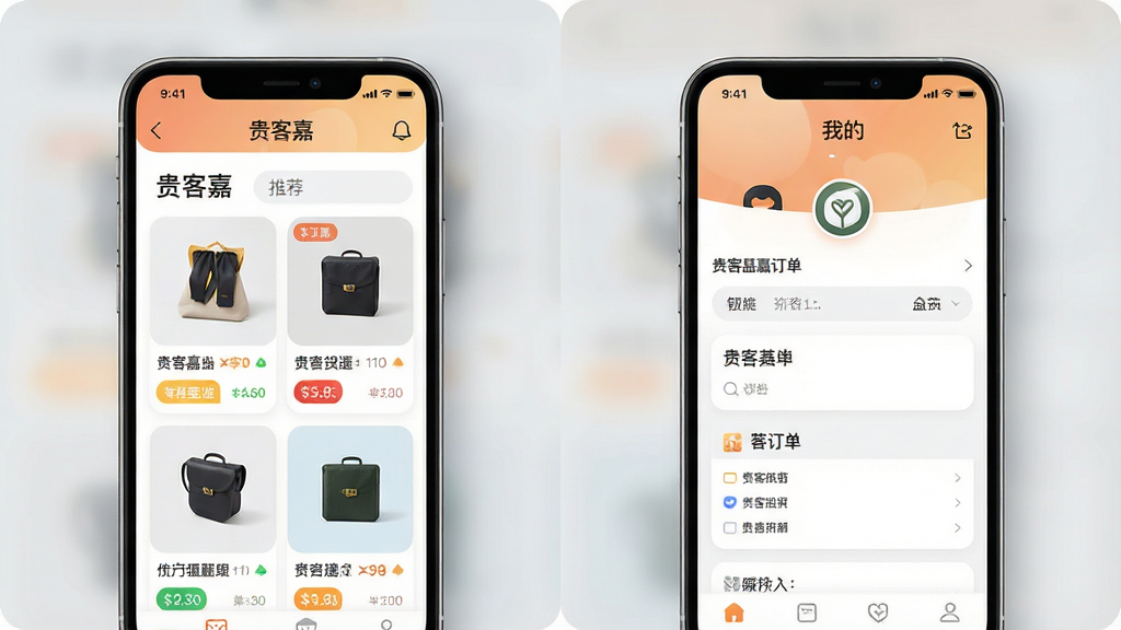 一组两部并排摆放的智能手机,屏幕分别展示“贵客嘉”APP的首页推荐和“我的”订单页面。主要展示APP界面的UI设计风格与内容布局,界面需清晰显示“贵客嘉”LOGO、商品图片与价格标签。画面风格为屏幕截图拼贴,背景采用浅灰色,突出手机屏幕内容。细节上要呈现应用的图标圆角设计、信息流排版和色彩搭配。画质要求高清,真实感强,画面干净,重点突出软件界面。