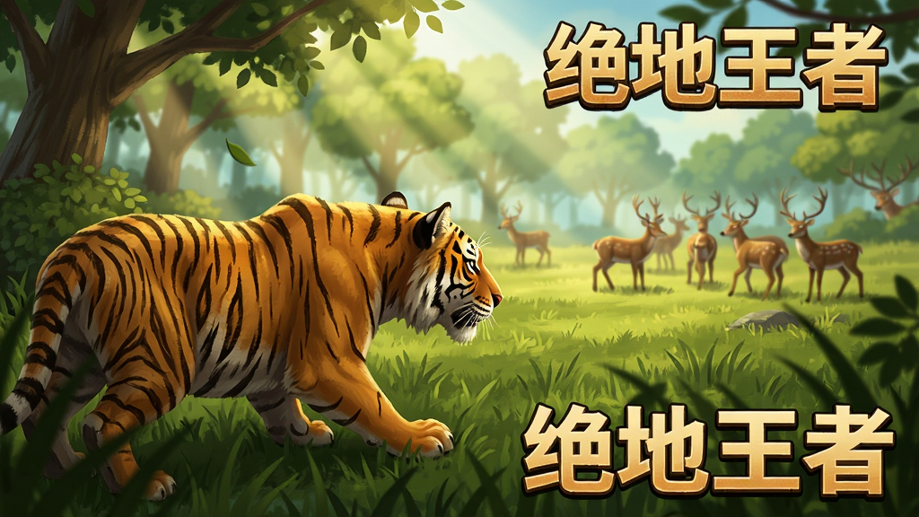 老虎在草丛中潜伏,瞄准远处的鹿群,阳光透过树叶洒下,画面充满张力和游戏感,显示