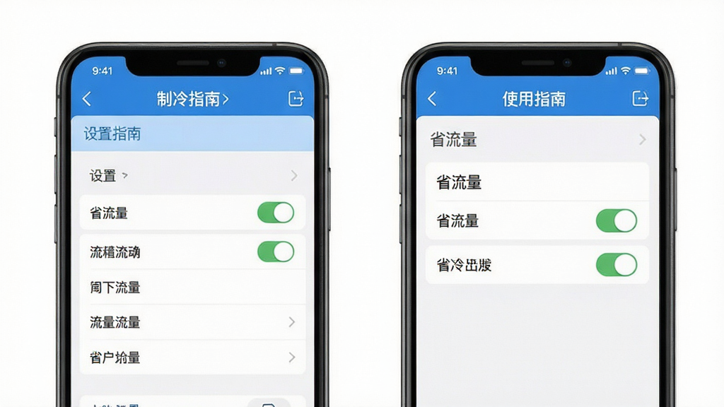 制冷商情APP使用指南配图,主体为手机操作界面,显示设置菜单,布局清晰,排版规整,风格写实,细节展示省流量开关,画质高清,干净无多余元素