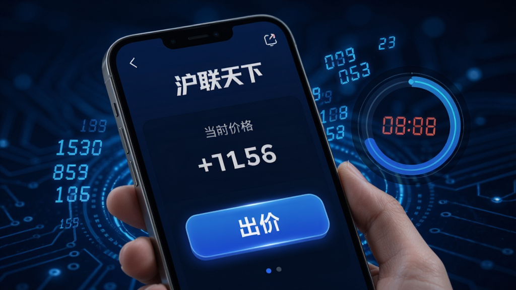 展现“沪联天下”竞价功能的使用场景,手机屏幕显示竞价页面,当前价格与出价按钮醒目,周围有动态数字跳动效果与倒计时圆环,背景为深蓝色科技感光效,突出紧张高效氛围,画面干净,细节丰富,强调智能与实时特性