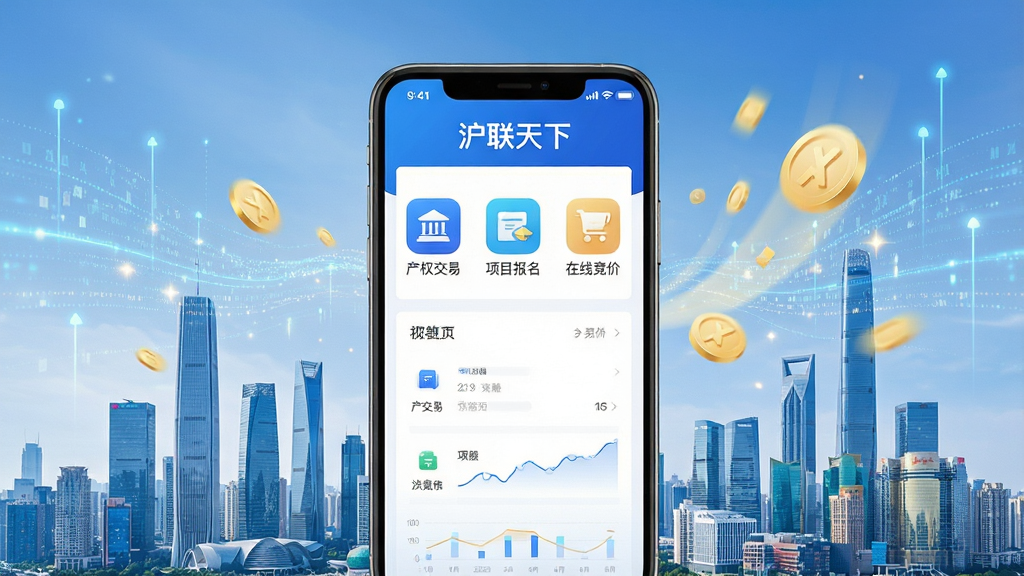 画面以“沪联天下”APP界面为视觉中心,悬浮于现代化城市天际线之上,界面清晰展示“产权交易”“项目报名”“在线竞价”等核心功能图标,背景融入数据流动的光效与交易成功的金色元素,整体构图大气简洁,科技蓝为主色调,辅以白色与金色点缀,画面干净通透,细节丰富,高清渲染,无多余杂物