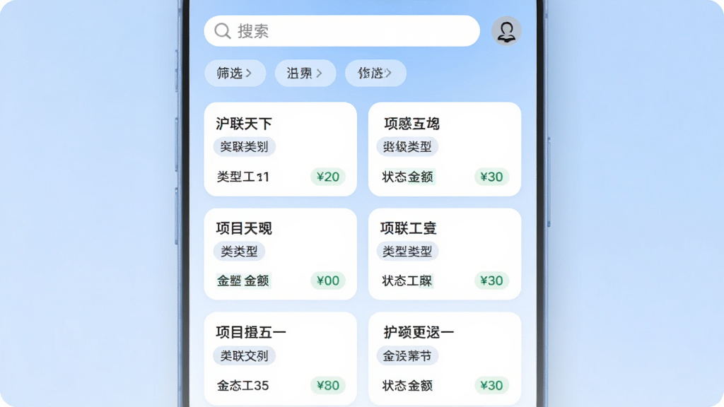 以“沪联天下”APP项目列表页为视觉主体,屏幕上展示多个项目卡片,每个卡片包含项目名称、类型标签、金额、状态等关键信息,排列整齐,页面顶部设有搜索栏与筛选标签,背景为淡蓝色渐变,卡片白色圆角设计,整体风格现代简洁,信息层级清晰,画质高清,无多余元素
