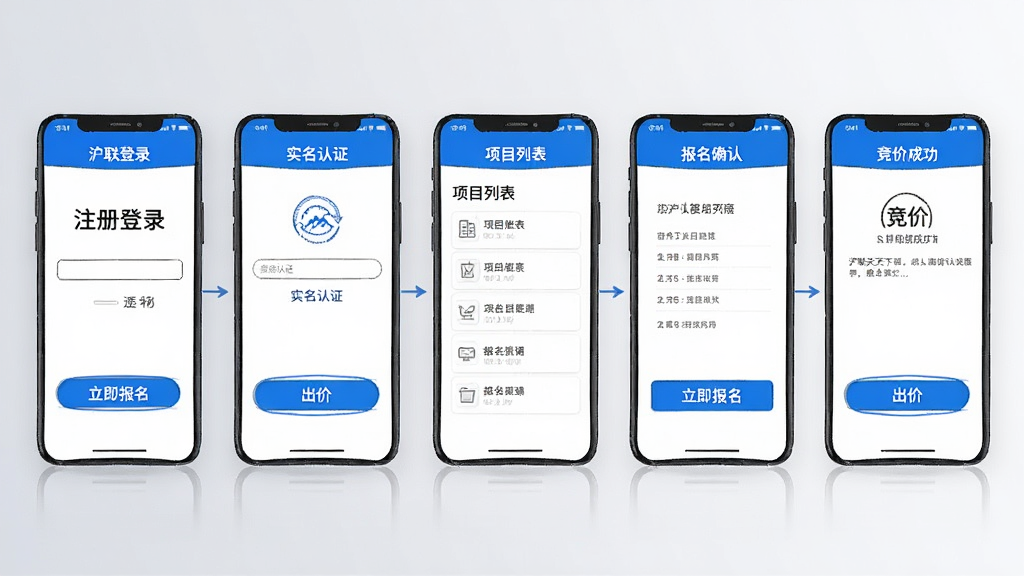 展示“沪联天下”APP操作流程的连贯界面截图,依次呈现注册登录、实名认证、项目列表、报名确认、竞价成功的五个步骤,以手机纵向排列的线框形式展示,背景为浅灰色渐变,每个界面高亮显示关键按钮,如“立即报名”“出价”,画面简洁明了,突出流程顺畅与便捷,色彩以蓝白为主,高清干净