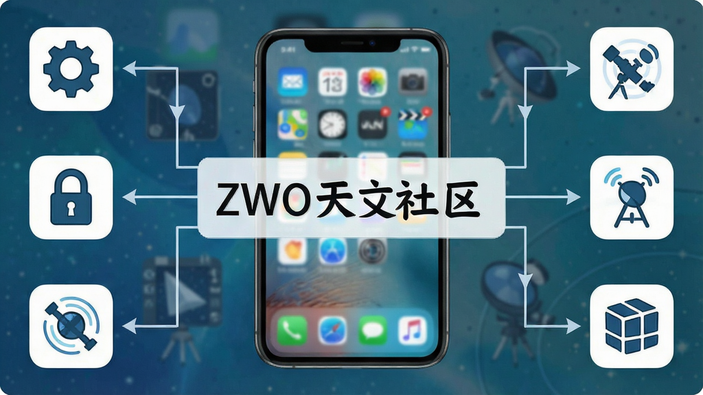 一张展示ZWO天文社区安装与使用步骤的流程图,主体为手机桌面图标,周围环绕着设置、权限、网络等小图标,布局清晰,风格简洁,细节丰富,画质干净,无多余元素,中央标注“ZWO天文社区”
