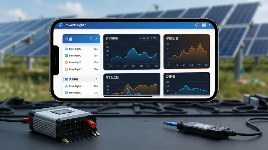 ��������Ϊһ�������ֻ���Ļ��д����Ļ��������ʾ��PowerInsight2�����������棬��������豸�б�������״̬ͼ�������������ߵ�ģ�顣�ֻ�б������ɫ����̨�ϣ��Ա߰ڷ�С�������ģ���������ɼ�������������黯���������ֹ����վ���������岼�����ֻ���ĻΪ���ģ��������׸ɾ����Ű�������½ṹ���Ϸ�Ϊ�������棬�·�ΪӲ���豸�����Ϊ�ִ��Ƽ��У�������ɫ���ɫ���ݸ�����ϸ���������Ļ�����֡�PowerInsight2���Լ���ʵʱ���ݡ����������á������������ʸ��壬�ɾ��޶���Ԫ�ء�