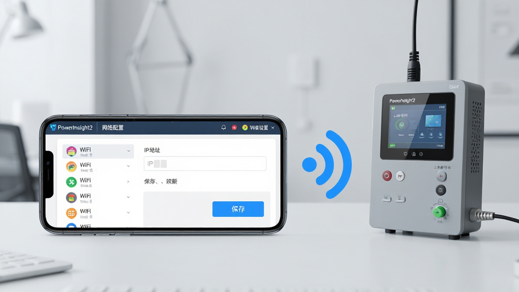��������Ϊһ���ֻ�������ʾPowerInsight2�����еġ��������á�ҳ�棬ҳ�����WiFi�б���IP��ַ����򡢱��水ť��Ԫ�ء��ֻ����ڼ��칫���棬�Ա���һ̨���������ܵ������ݲɼ���ʵ�����֮������ɫWiFi�źŲ���ʾ�����ӡ�����Ϊǳ��ɫ���ڻ������������ֻ���ĻΪ�Ӿ����ġ��Ű�Ϊ���ҹ�ͼ�����Ϊ�ֻ����棬�Ҳ�Ϊ�豸������ʾ�⡣���Ϊ�Ƽ�����磬��������������ע��PowerInsight2�����������á���WiFi���á������ʸ��壬�ɾ��޶���Ԫ�ء�