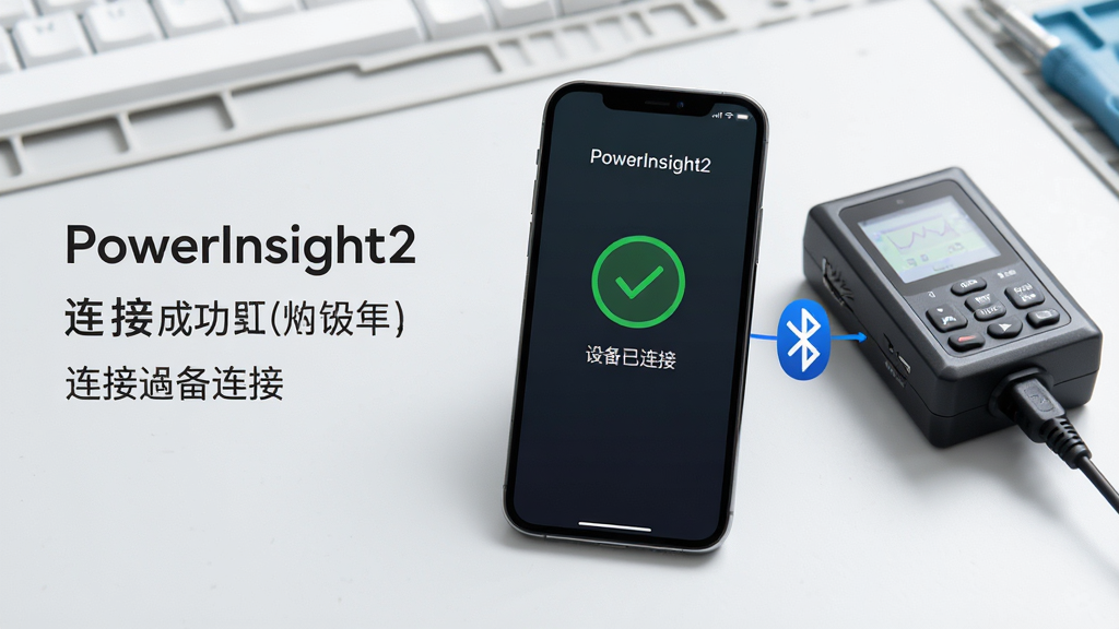 ��������Ϊһ���ֻ���ʾPowerInsight2�ġ����ӳɹ������棬��Ļ������ɫ�Թ�ͼ���Լ����豸�����ӡ����֣��ֻ��Ա߰ڷ�һ̨���ݲɼ��������߼�����ɫ�������š�����Ϊ��๤��̨�������������������ֻ�Ϊ�Ӿ����ģ����Ϊ����˵�����Ű�������ҷֲ������Ϊ��ˬʵ�á�ϸ�������֡�PowerInsight2�������Լ�����״̬�����ʸ��壬�ɾ��޶���Ԫ�ء�
