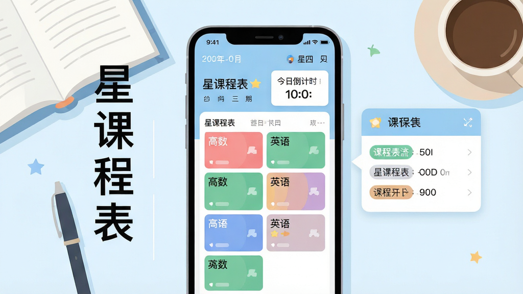 主体:手机屏幕展示星课程表app的课表界面,界面中有彩色课程块和今日倒计时卡片。布局:手机居中,屏幕内容清晰可见,周围有简洁的课本、笔和咖啡杯作为点缀。排版:手机大图为主,左侧配以“星课程表”字样竖排,右侧有课程信息浮窗。风格:扁平化插画风格,色调清新淡雅,以浅蓝和白色为主。细节:课表上标有“星课程表”名称,课程块显示科目名称如高数、英语,顶部有日期和星期。画质:高清渲染,干净无多余元素。