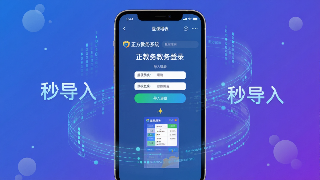 主体:星课程表app的“导入课表”功能界面,手机屏幕上显示教务系统登录页面和导入进度条。布局:手机屏幕为主,周围环绕着数据流动线条和“秒导入”字样。排版:居中构图,手机屏幕内展示从教务系统到课表生成的过程。风格:科技感插画,蓝紫色渐变背景。细节:手机屏幕上有“正方教务系统”字样,导入完成后显示“星课程表”课表缩略图。画质:高清,干净,无多余元素。