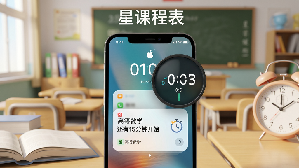 主体:手机锁屏界面和灵动岛区域显示星课程表的上课提醒,背景是教室场景。布局:手机正面朝上,锁屏界面有课程卡片,灵动岛位置放大显示倒计时圆形图标。排版:手机居中,周围有书本和时钟元素,顶部有“星课程表”字样。风格:3D渲染风格,光线柔和。细节:锁屏卡片上写着“高等数学 还有15分钟开始”,灵动岛显示倒计时数字。画质:超清,干净,无多余元素。